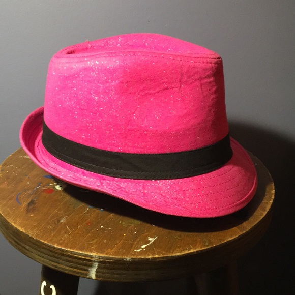 Sweet pink sparkle trilby hat short brim festive cap black cloth headband small - Picture 1 of 11
